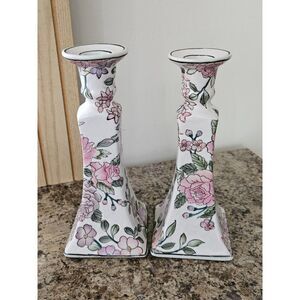 Elegant H.F.P. Macau Chinoiserie Taper Candle Holders Pink & Purple Roses